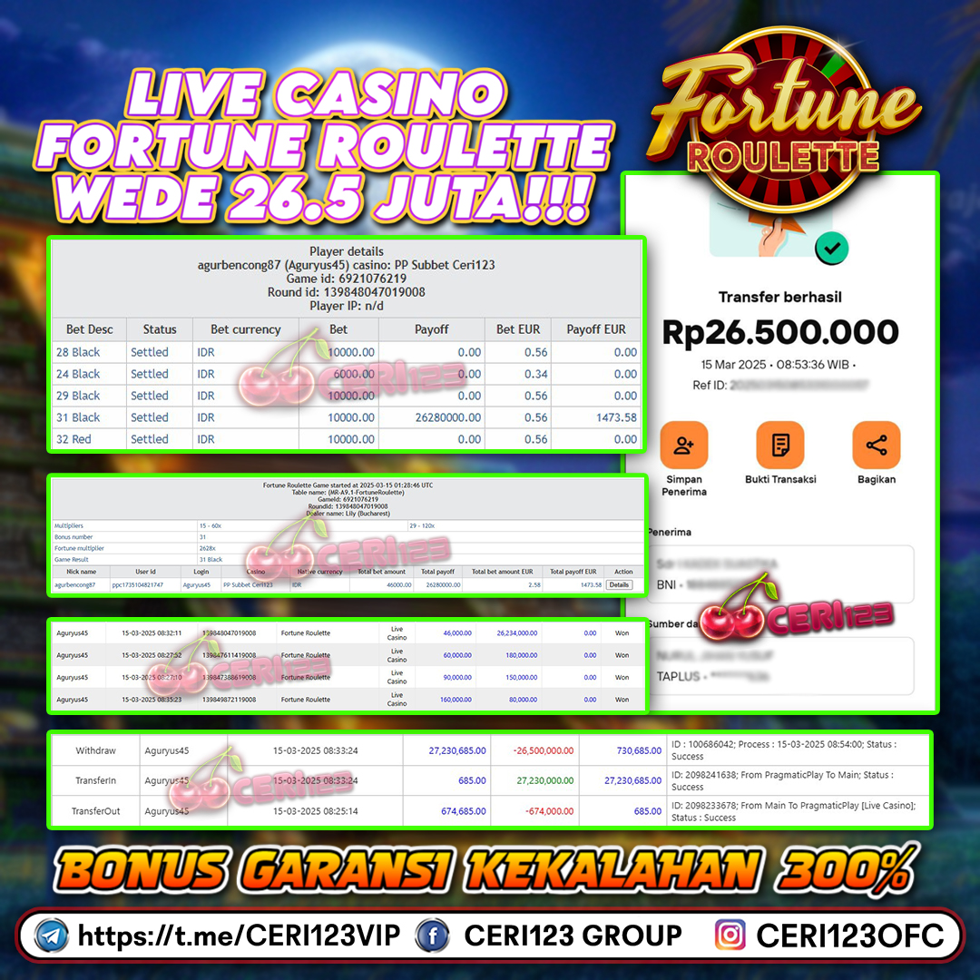 CERI123 JACKPOT LIVE CASINO FORTUNE ROULETTE RP 26.500.000 ID : ISH***